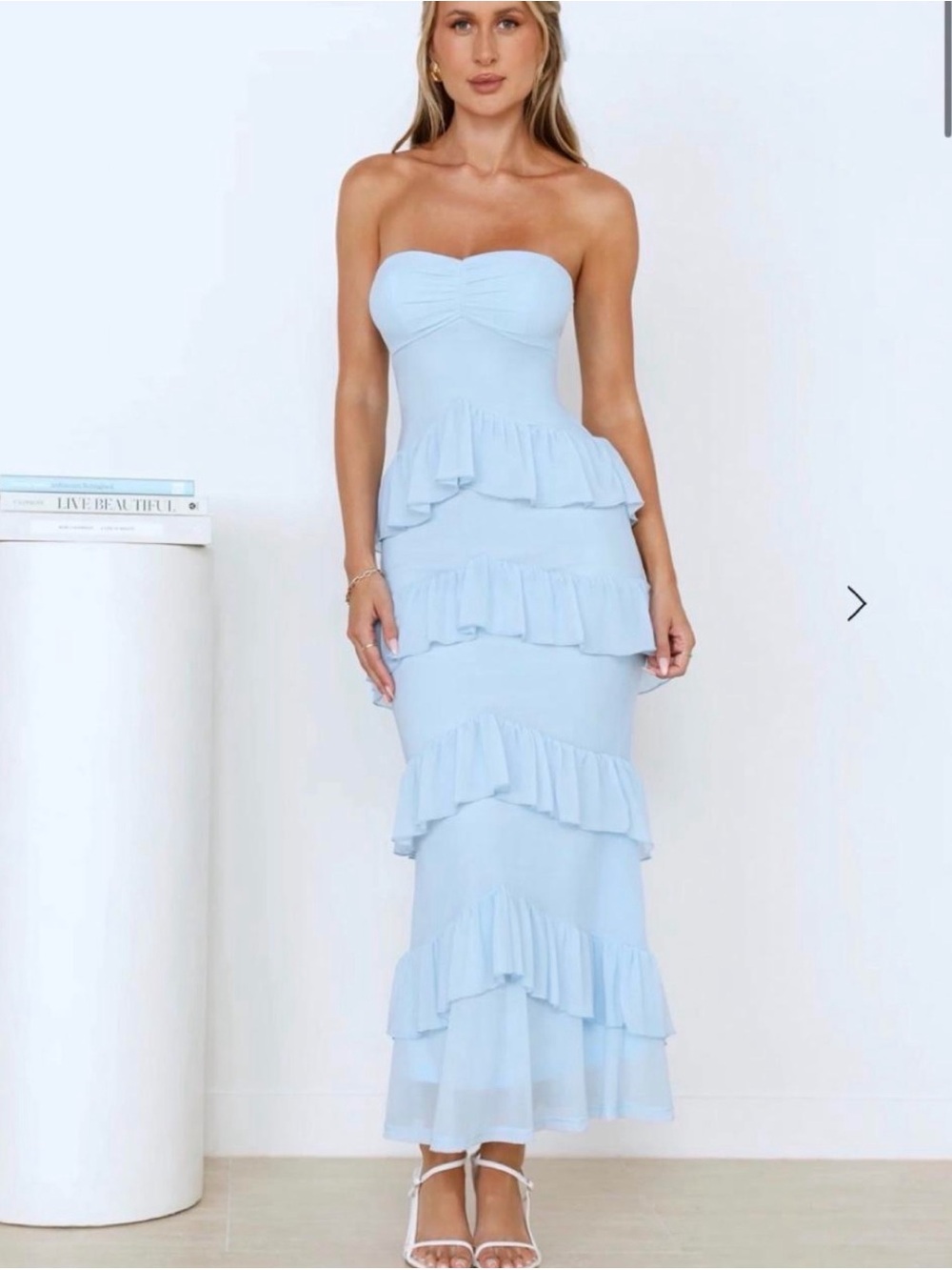Hello Molly Strapless Sky Blue Ruffle Midi Dress